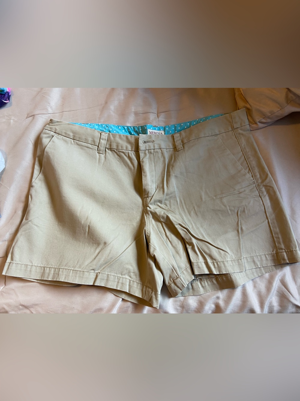Merona Khaki Shorts with Teal Polka Dot Waistband
